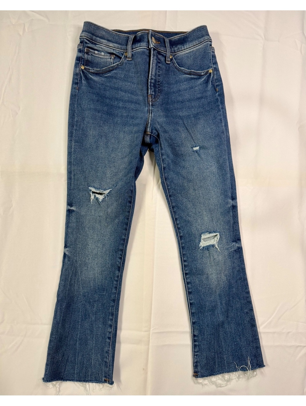Express Distressed Blue Denim Jeans with Raw Hem